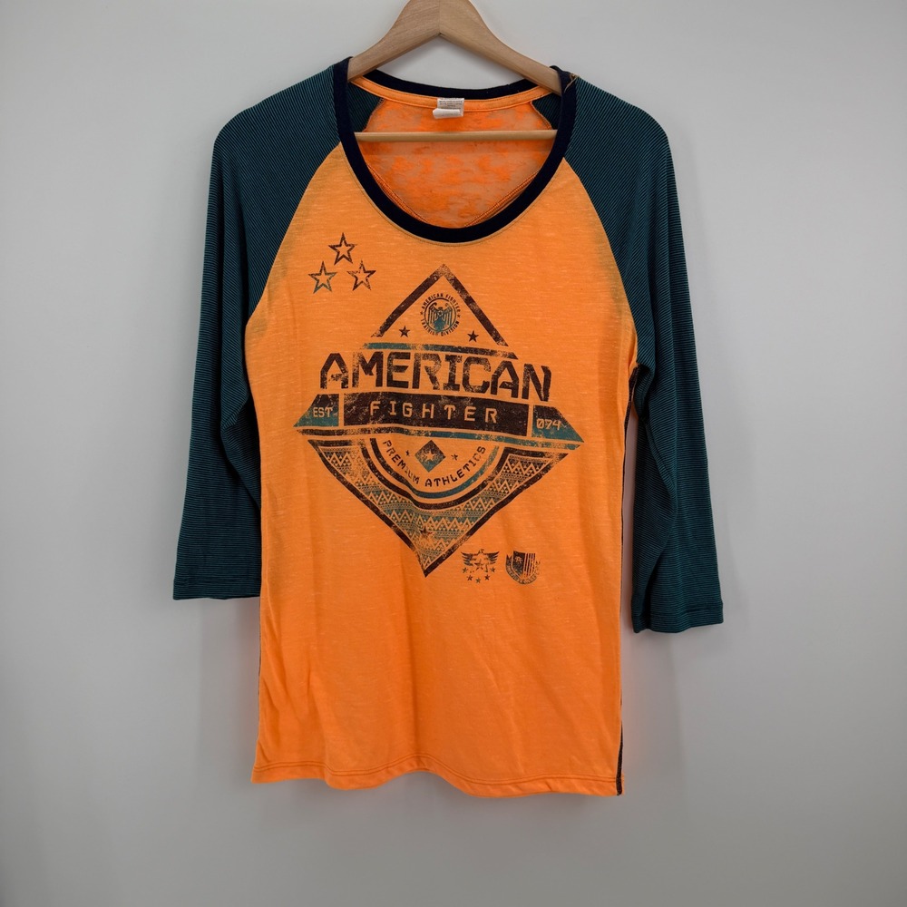 American Fighter Baseball Tee Womens Large Orange Teal Burnout Graphic Raglan